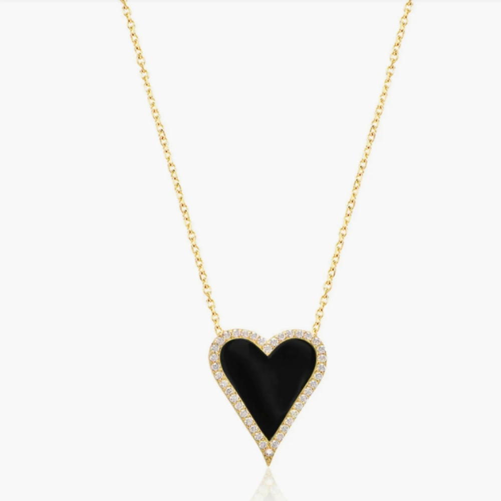 Black Enamel Heart Charm Necklace Pave Rhinestone Trim Gold Chain + Extender New